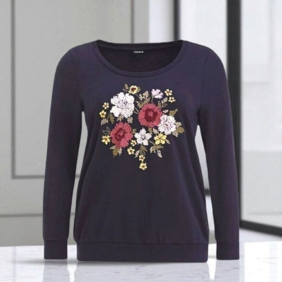  Torrid Navy Floral Embroidered Sweatshirt/Sweater - Picture 1 of 14